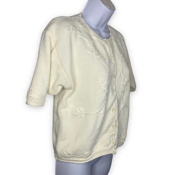 VTG Hand Embroidered Cape Isle Knitters Medium Cardigan Sweater Ivory Floral EUC - Picture 2 of 10